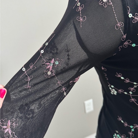 Black Dark Floral Ruched Fitted Y2K Whimsigoth Fairy  Top with Sequins - Picture 3 of 11